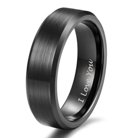 6mm Tungsten Rings for Women Black Bevel Edge Engraved I Love You Comfort Fit Size 9.5