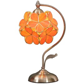 Bieye L10753 Tiffany Style Stained Glass Flower Petal Table Lamp with Brass Base for Home Décor (Orange, 8" Cherry Blossom)
