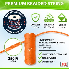 Orange Mason Line String Line - #18 Braided Nylon String - 250 Ft Length - Nylon Twine for Gardening Or Masonry Tools - Perfect Construction String for A String Level, Twine String for Gardening