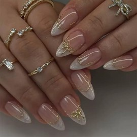 Almond Press on Nails White French Tip Fake Nails Medium False Nails with 3D Bow Gold Curve Line Design Glue on Nails Glossy Acrylic Full Cover Stick on Nails Artificial Nails for Women 24 Pcs