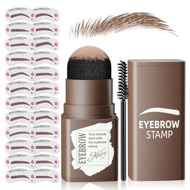 Eyebrow Stamp and Stencil Kit for Brow Shaping, Reusable Makeup Beauty Tool, Eyebrow Powder with Brush and 24 Thin Thick Eyebrow Stencils Medium Brown