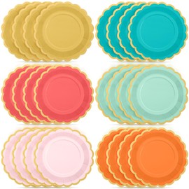 Tiangrid 48 Pcs Colorful Coral Paper Plates 9 Inch Pastel Rainbow Scalloped Paper Plates Disposable Dinner Dessert for Birthday Wedding Bridal Party Supplies, 6 Colors