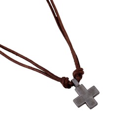 Men's Metal Cross Pendant on Brown Double Strand Leather Cord Choker Long Necklace