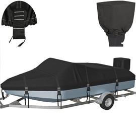 Nukugula Ture 900D Solution-Dyed 100% Waterproof Boat Cover 20-22ft, Heavy Duty Trailerable Bass Boat Cover 20-22 Foot V-Hull Tri-Hull Runabout Pro-Style Fishing Boat Cover with Motor Cover