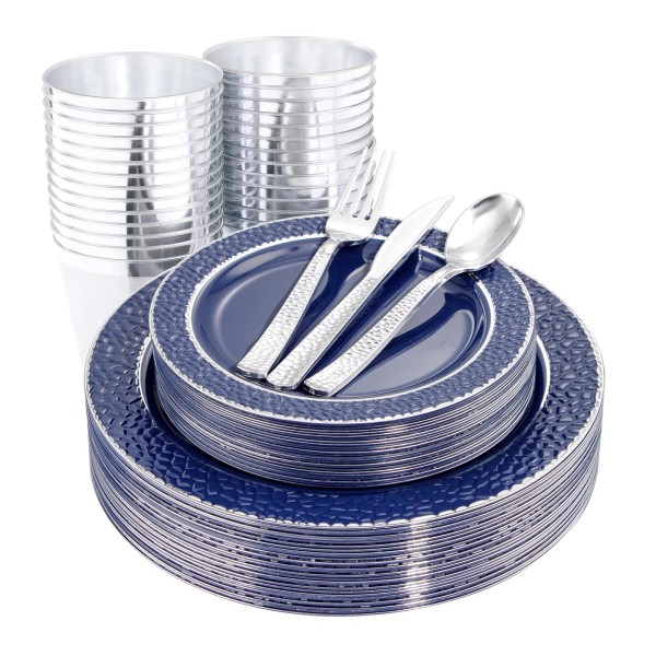 Ciaell 150PCS Blue and Silver Disposable Plastic Crockery set -