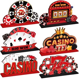 CroBlissful 6 Pcs Casino Theme Table Centerpieces Casino Night Party Wood Tabletop Decorations Poker Chips Poker Machines Dice Spades Wooden Signs for Birthday Party Decoration