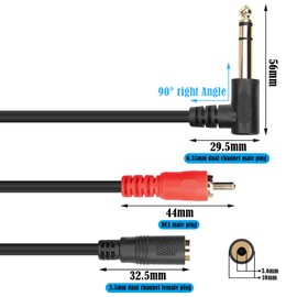 GINTOOYUN 6.35 mm Right Angle Male to RCA Male + 3.5 mm Female Audio Cable 6.35 mm Dual Channel 90 Degree Male to RCA Male + 3.5 mm Two Channel Socket Y Splitter Cable Adapter (1.5 ft)