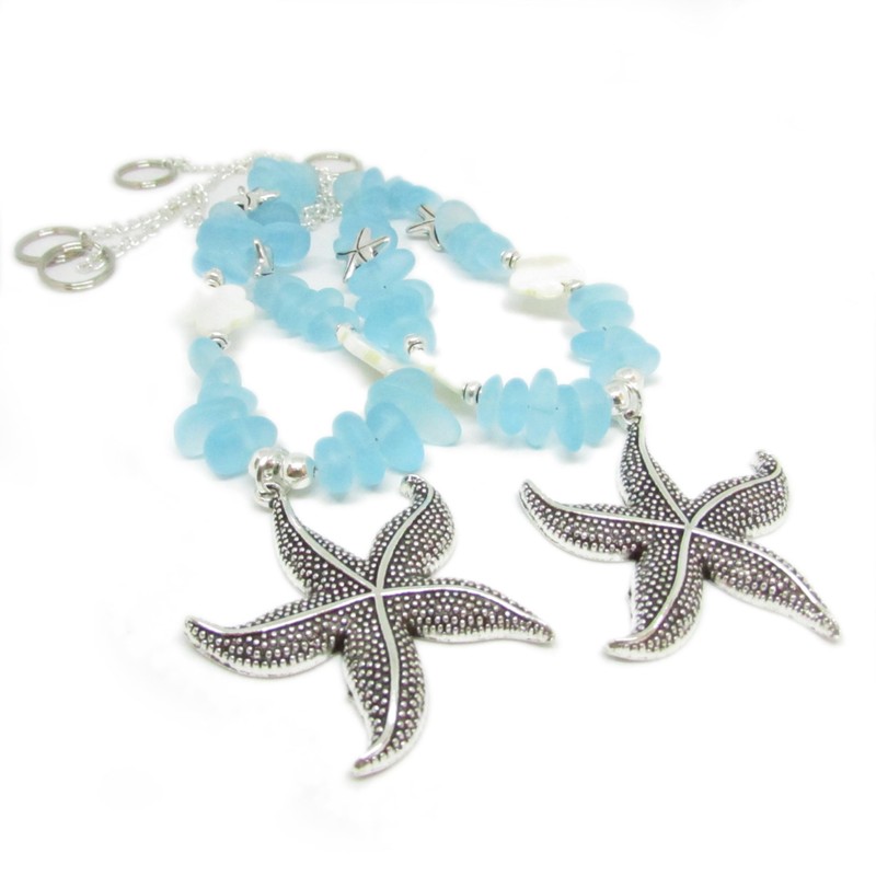 Starfish Curtain Tie Backs with Ocean Blue Sea Glass Beads,
