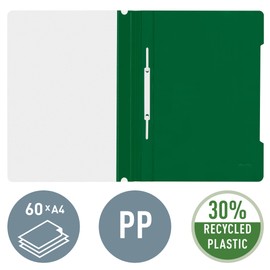 Leitz A4 Standard Plastic File, 30 Percent Pre-Consumer Recycled Plastic, Flatfile for A4 Sheets, 60 Sheet Capacity, Green, 41910055