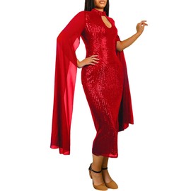 VERWIN Long Sleeve Round Neck Patchwork Plain Women's Bodycon Dress Party Flare Sleeve Midi Dress Red Sequin M