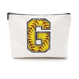 CQM Softball Gifts Initial Makeup Bag Monogrammed Cosmetic Bag Letter G Zipper Pouch Softball Accessories for Girls Women Softball Player Coach Friend Softball Stuff Graduation Birthday Gifts