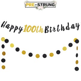 LASKYER Happy 100th Birthday Bunting Banner with Black & Gold Glitter Circle Dots Set Perfect for 100 Years Old Birthday Party Decorations.
