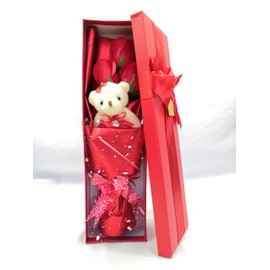 Abbie Home Flower Bouquet 3 Scented Soap Roses Gift Box with Cute Teddy Bear for Her Him Valentine's Day Anniversary Wedding Mothers Day Birthday Gift and Proposal-Red