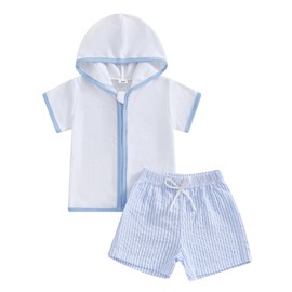 Mobbdow Toddler Baby Boy Girl Swim Cover Up Towel Terry Zipper Hooded Tops Seersucker Shorts Set Beach Bathing Suit Coverup (Blue, 6-12 Months)