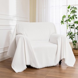 MEETSKY Oversized Chair Covers White Couch Cover Washable Armchair Slipcover Single Couch Cover for Dogs Pets, Recliner Cover 1 Cushion Couch Chenille Couch Protector with Tassel, 71"x 91"
