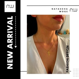 NataschaWoge® Gold Silver Curled Cross Chain Stainless Steel Necklace + Pendant Gift for Her Women's Jewellery Spiritual Jewellery Gold Chain, Stainless Steel