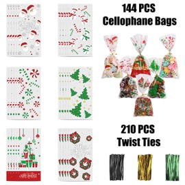 STEFORD 144PCS Christmas Cellophane Bags,Xmas Clear Candy Treat Cellophane Bag with 210PCS Twist Ties for Christmas Party Favors