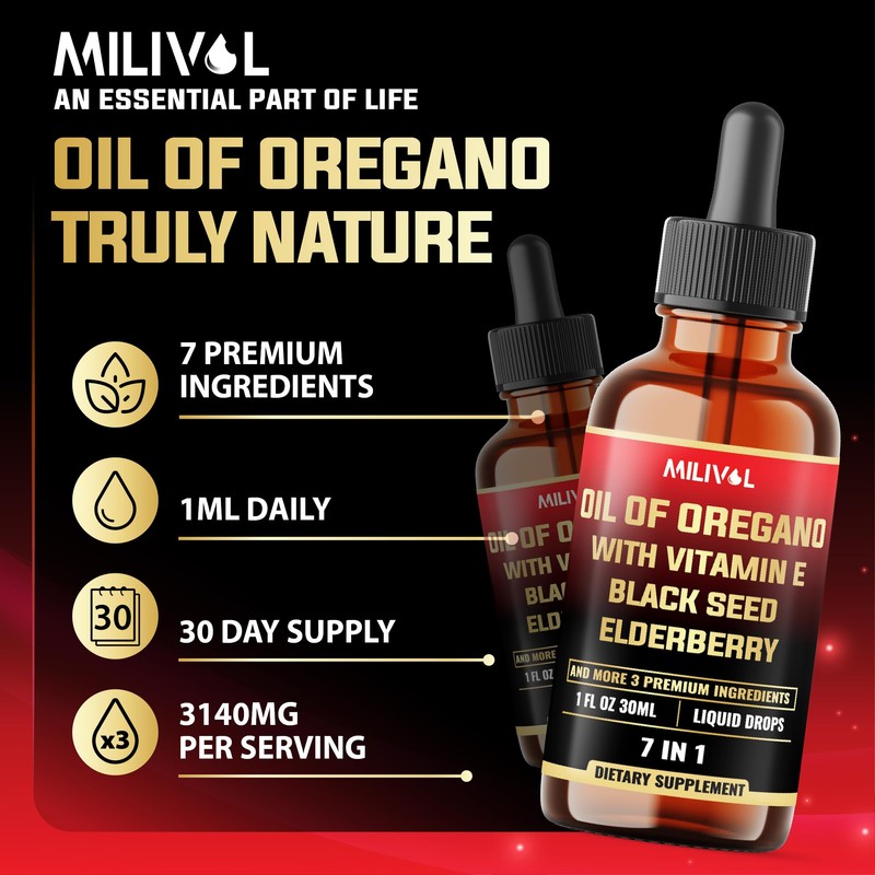 MILIVOL 7in1 Liquid Oregano Drops with Black Seed, Elderberry, Turmeric,