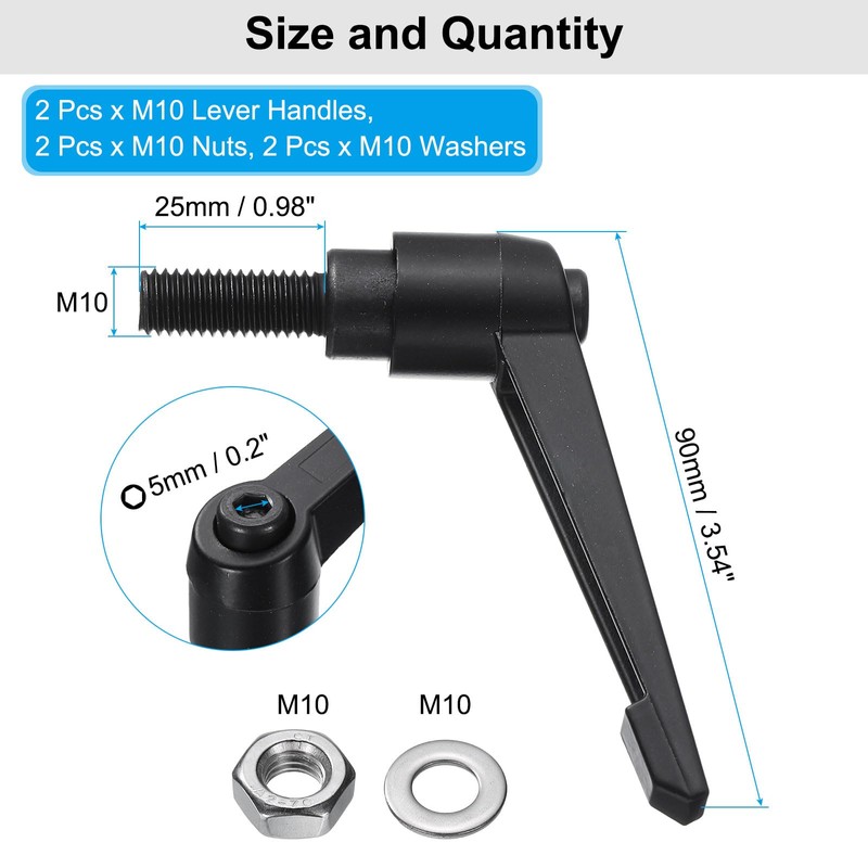 sourcing map 2pcs Lever Adjustable Handles M10 x 25mm Metric