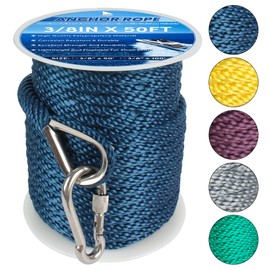 Anchor Rope 50FT x 3/8in,Premium Solid MFP Braided Anchor Ropes Anchor Line with Stainless Steel Thimble & Snap Hook,Boat Rope Marine Ropes for Anchors and Boats (Navy Blue)