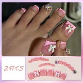24Pcs Pink False Toenails - Short Square French Press on Toe Nails 3D Bow Rhinestones Design Fake Toe Nails - Full Cover Summer Beach Glossy Gel Acrylic Stick on Toenails for Women Girls DIY Manicure