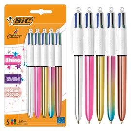 BIC 4 Colours Ballpoint Pen Set 4 Colours Shine in Various Colours, Pack of 5, Ideal for the Office, Home Office or School
