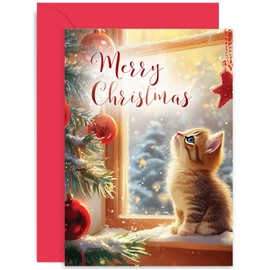 Cute Kitten Christmas Card - Cat Themed Christmas Cards - Kitten Bauble Christmas Tree Design - Cute Sweet Festive Holidays Greeting Cards for Them