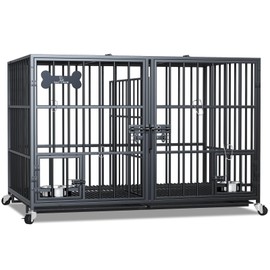 aboxoo 48/42 inch XL Dog Crate for Large Dog/Double Medium Dogs,Heavy Duty Metal Dog Cages,All Metal Open Top,Dog Kennel Indoor with Wheels,Floor Grid, Tray, Divider and Feeding Bowl