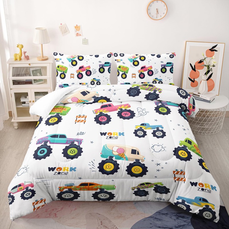 Nttopship Kids Comforter Set for Boys,Cartoon Monster Car 3 Pieces