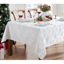 Newbridge Fancy Metallic Snowflake Christmas No-Iron Soil Resistant Fabric Holiday Tablecloth, Sparkling Lurex Woven Easy Care Tablecloth, 52 Inch x 52 Inch Square, White/Silver