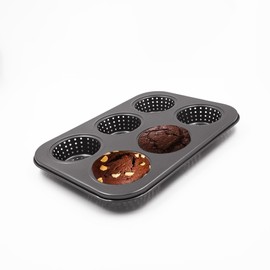Kofebe Perforated Muffin Pan 6-Cup Carbon Steel Cupcake Pan Non-Stick Mince Pie Baking Tray for Cakes Pies Buns Tart Bread (10.4" Lx7.5 Wx1.2 H)