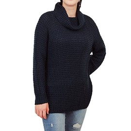 YEMAK Women's Cowl Neck High Low Hem Side Slit Pop-Corn Knit Casual Loose Oversized Tunic Sweater MK3650-NAV-L