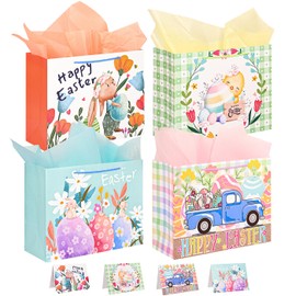 Nimbbex 4Pack Large Easter Bags for Kids, 13" Eggs Easter Gift Bags with Handles Tissue Paper, 4 Pattern Bunny Eggs Baskets for Kids, Gifts Wrapping, Party Supplies