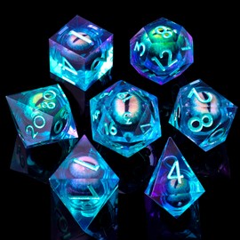 YEMEKO Beholder'S Eye DND Dice- Dragon Eye Liquid Core Sharp Edge Handmade Dice Set for Dungeons and Dragons Ttrpg, Multi-Sided RPG Polyhedral Resin Roleplaying(Green Purple)