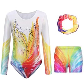 AODOKAT Gymnastics Leotards for Girls with Shorts Set, Long Sleeve/Sleeveless Dance Leotard Sparkle Ballet Dancewear for Kids 5-14 Years (Yellow-long sleeved, 7-8 Years)