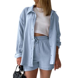 VEVESMUNDO Women's Summer Muslin Blouse Shirt and Shorts 2-Piece Set Cotton Beach Outfit Set Size 36 38 40 42 44, lightblue
