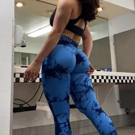 MOHUACHI Tie Dye Seamless Leggings for Women High Waist Yoga Pants, Scrunch Butt Lifting Workout Tights (Tie Dye Black Blue, Medium)
