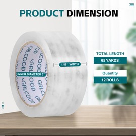 GRLCOOD Clear Packing Tape, 12 Rolls Heavy Duty Packing Tape 1.88 Inches Wide 65 Yards Per Roll 780 Total Yards, Clear Tape is Ideal for Home Office and Transportation