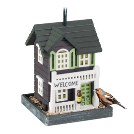 Relaxdays Wooden Bird Feeder for Hanging, Country House, HBT 23.5 x 18 x 18 cm, Balcony, Feeding Station, Wild Birds, Multicoloured