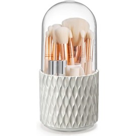 Organizador de Maquillaje Giratorio 360 Grados, Organizador de Brochas de Maquillaje con Tapa, Porta Pinceles Cosméticos a Prueba de Polvo para Cambiador, Baño, Oficina (Blanco)