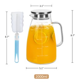 Joeyan 2 Liter 68oz Glass Pitcher with Lid, Large Heat Resistant Glass Water Carafe with Handle and Scale Line for Hot/Cold Drinks- Water, Cold Brew, Iced Tea & Juice, Including Long-Handled Brush