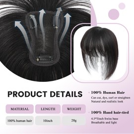 Hair Toppers for Women Human Hair with Bangs Hand-stitched 360°3D Coverage Natural for Thinning HairPieces for Women with Thinning Hair Swiss Base Natural Black（1B）