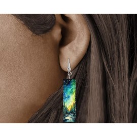 Twisted R Design Earrings, Aurora Borealis Print Wood Bar Printed Earrings Jewelry