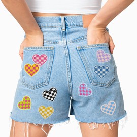 HEYTRCO 9PCS Star Iron on Patches, Cute Checkered Heart Embroidered Iron on Patches for Clothes, Custom Colorful Applique for Hats, Jeans, Jackets, Bags, Backpacks, Dress (Heart)