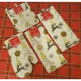 Golden Holiday 4 Piece Christmas Kitchen Set: 2 Towels, Pot Holder, Oven Glove