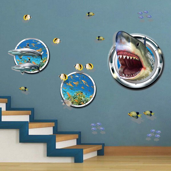 ufengke 3D Shark Broken Wall Stickers Tropical Fish DIY Wall Decals Art Decor for Kids Boys Bedroom Playroom