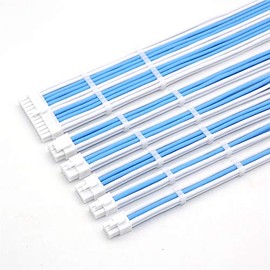 Angitu Customization 4mm PET Sleeve Extension Power Supply Cable Kit 6Pcs 30CM Cables 18AWG ATX/EPS/8-pin PCI-E/6-pin PCI-E (White & Aqua Blue)