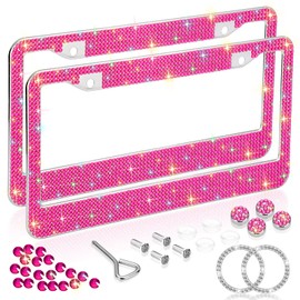 Bling License Plate Frames for Women 2 PACK, Rhinestone Crystal License Plate Cover with Bolts Washer Caps Univerasl Bling Car Accessories for Girls (Pink)