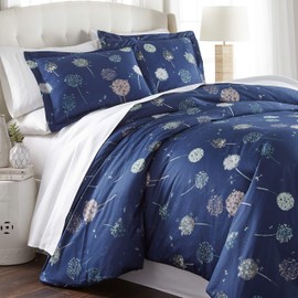 Southshore Fine Living, Inc. Dandelion Dreams King Size Duvet Cover Set, Floral Bedding, California King Duvet Cover with 2 Pillow Shams, 300 Thread Count Cotton Sateen Comforter Cover, Navy Blue