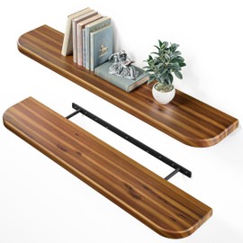 BATODA Set of 2 36” Acacia Floating Shelves for Wall (Round Edge) - Floating Bookshelf Wall - Storage Wood Shelves for House Decor, Kitchen, Bathroom - Brackets and Hardware Included (Walnut Color)